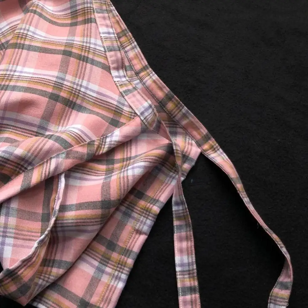 Lässiger Unisex-Rock mit unregelmäßigem Karomuster, Schleifenknoten, elastischer Taille, Hemdstil, blau-weißes Gittermuster, Mini-A-Linien-Kurzrock – Detail 18