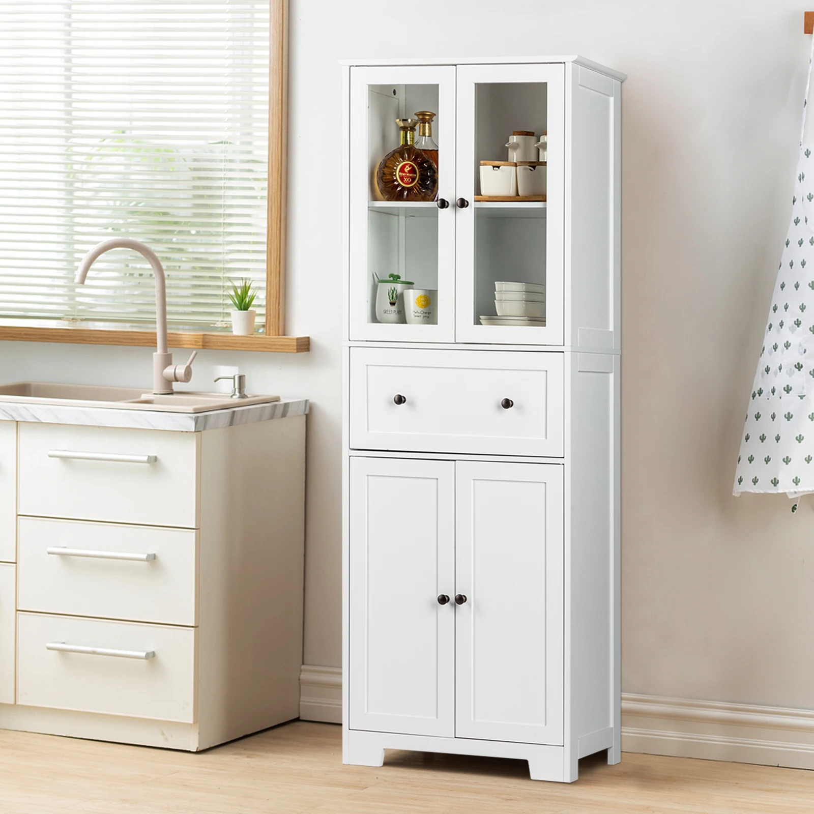 Spray Paint 4 Doors 1 Pump Bathroom Cabinet White Multi-scenario Application Large Storage Space Easy To Install