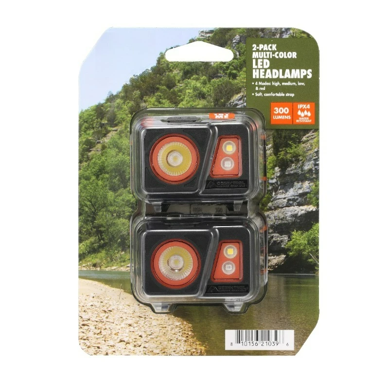 

Налобный фонарь LED 300 люмен, многоцветный, 2 шт. в комплекте, с красным и зеленым ночным видением, батарейки в комплекте