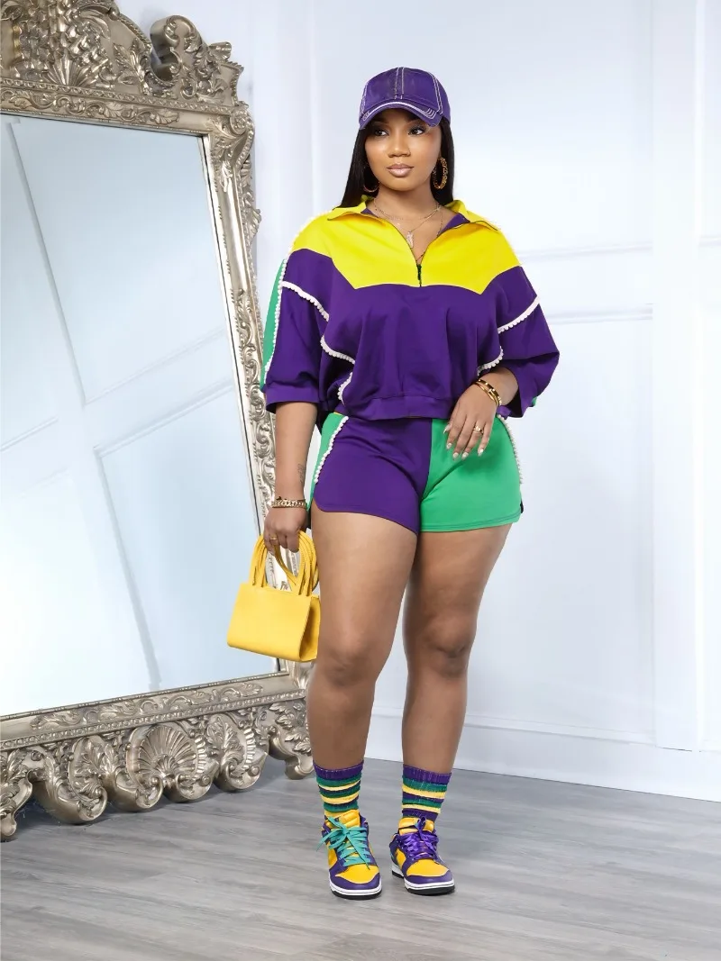 

Женский спортивный костюм в стиле пэчворк, повседневный комплект из 2 предметов: толстовка на молнии с длинным рукавом и шорты, уличный стиль