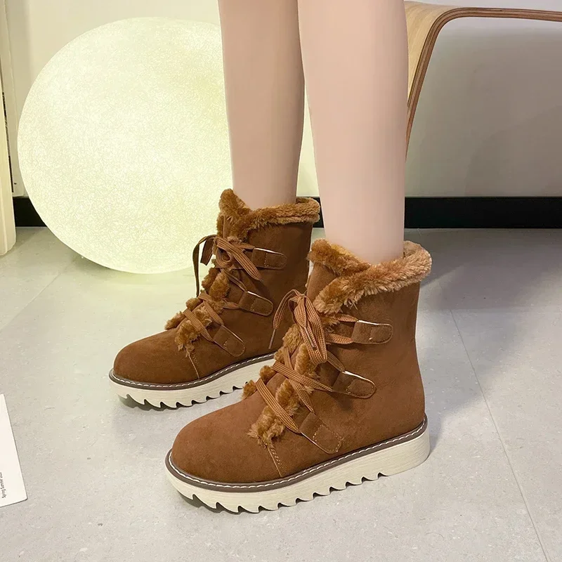 Botas de nieve impermeables para Mujer, zapatos de punta redonda con plataforma de felpa, cálidos, invierno, 2023