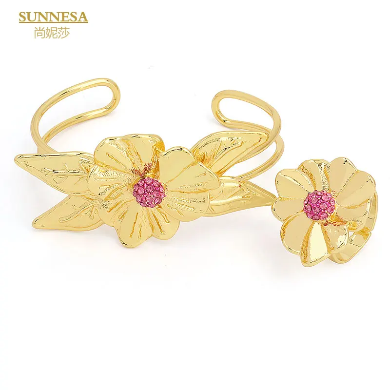 SUNNESA 18k Gold Plated Big Pendant Flower Necklace for African Bride Wedding Jewellery Luxury Dubai Jewelry Set for Women