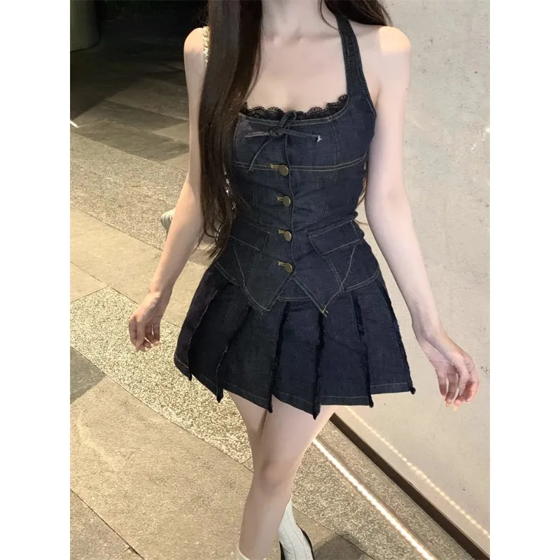 2024 Summer New High Street Casual Pleated Denim A-line Skirt Women + Lace Splicing Backless Sexy Camisole Two-piece Suit