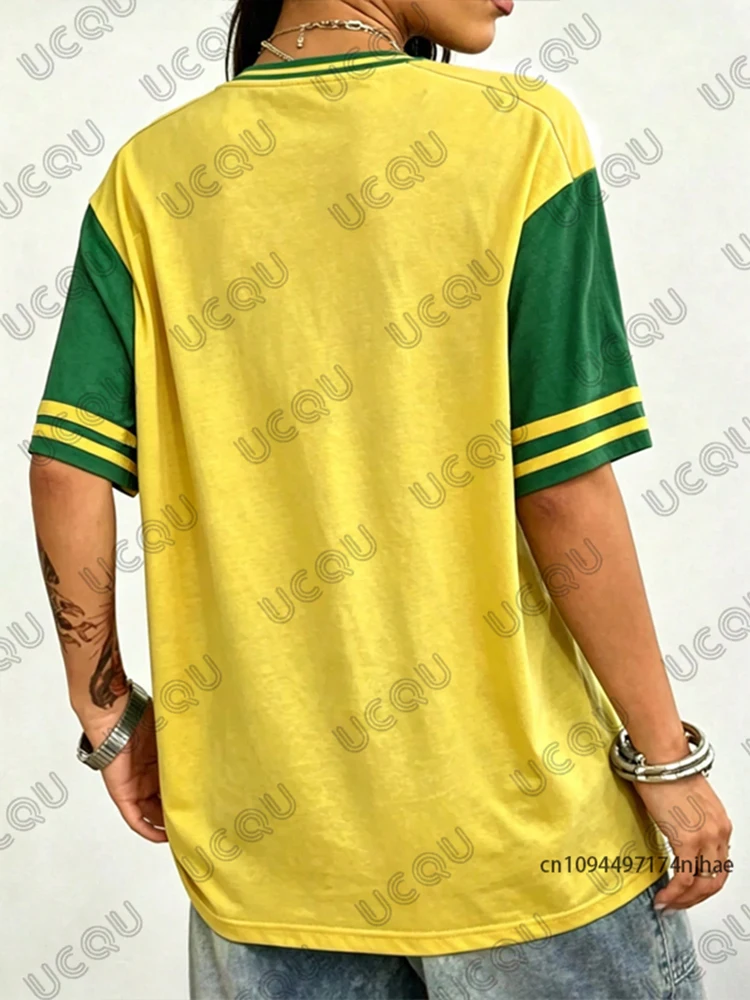 Sommerliches neues T-Shirt mit Brasilien-Print für Damen, Patchwork, O-Ausschnitt, Kurzarm, Sport-T-Shirt, Fußballtrikot, Y2K, locker geschnittenes Oversize-Oberteil – Detail 4