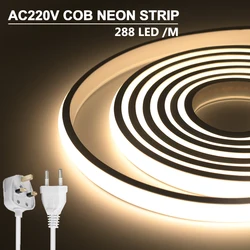 Tira de luces LED COB 220V enchufe de alimentación UE/Reino Unido 288LEDs/m Ra90 lámpara Flexible para exteriores cinta LED impermeable para iluminación del hogar de cocina