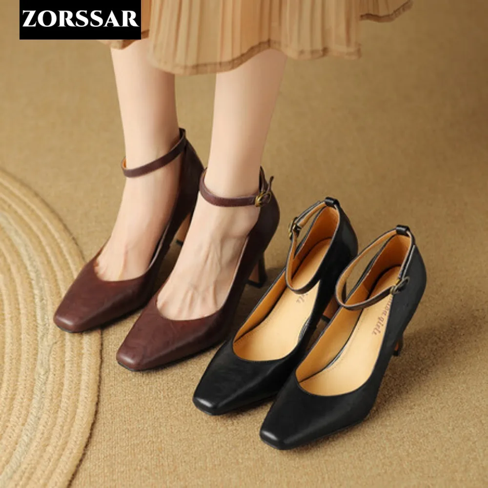 Genuine Leather Vintage High Heel Pumps Women Elegant Square Toe Mary Jane Shoes Woman Ankle Buckle High Heeled Shoes Female