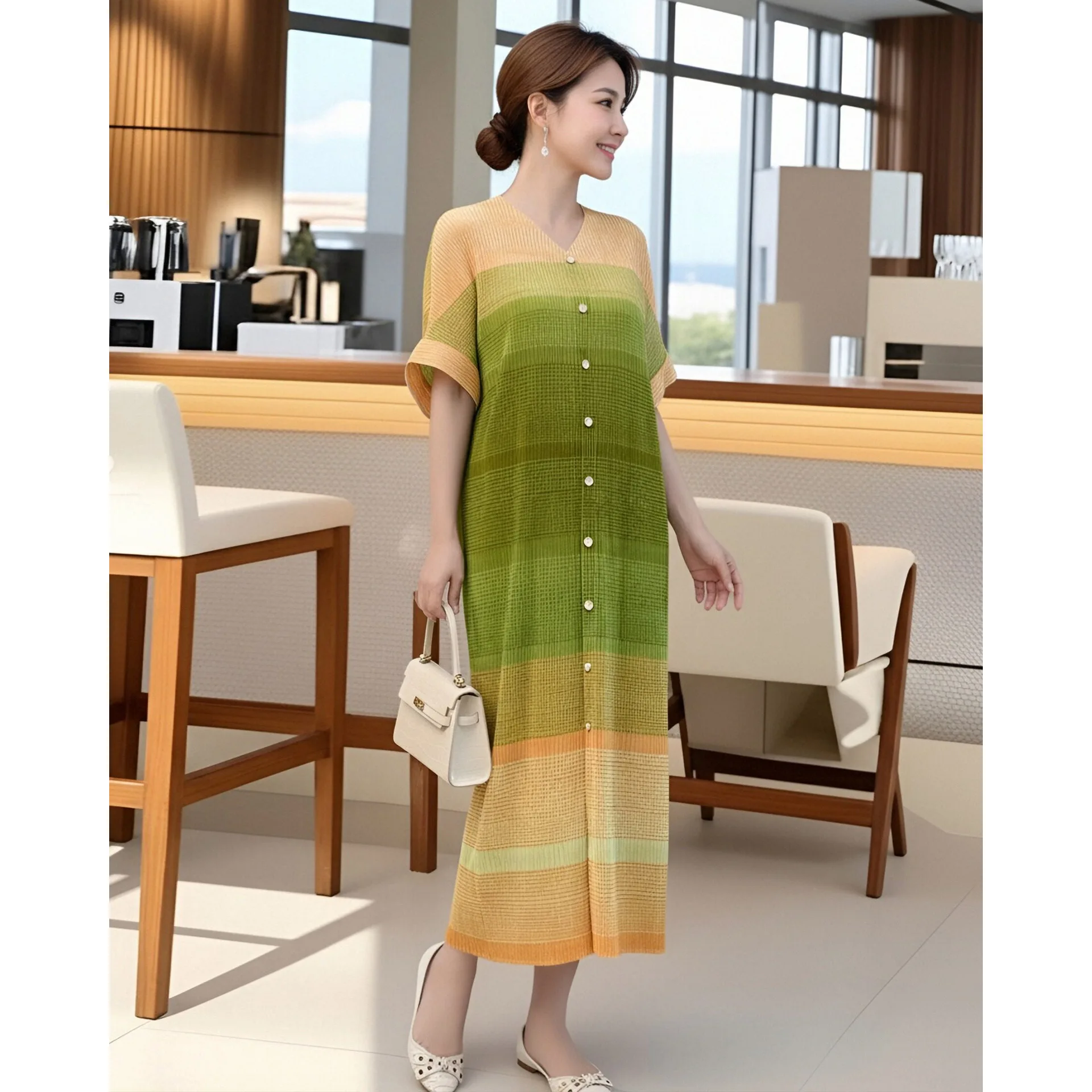 

Miyake Pleated Dress for Women 2026 New Fashion Pink Gradient Printed V-neck Short-sleeved Single-breasted Elegant Pleated Skirt