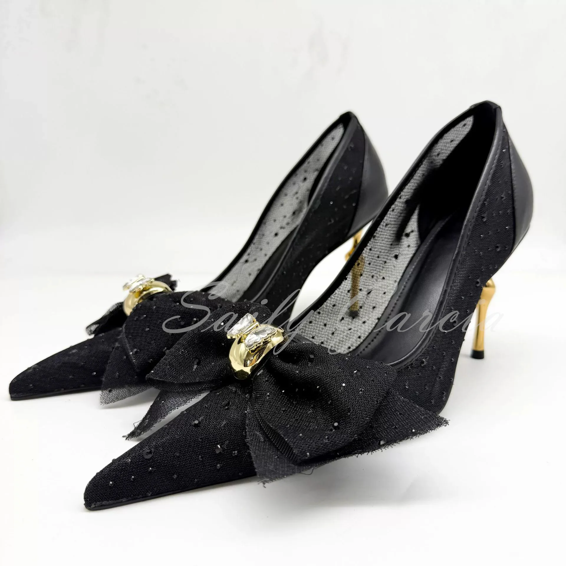 حجر الراين شبكة مضخات المرأة مثير أشار تو كعب ستيليتو القوس ديكور المعادن غير النظامية كعب جلد أنيقة فستان الحفلات الأحذية #1