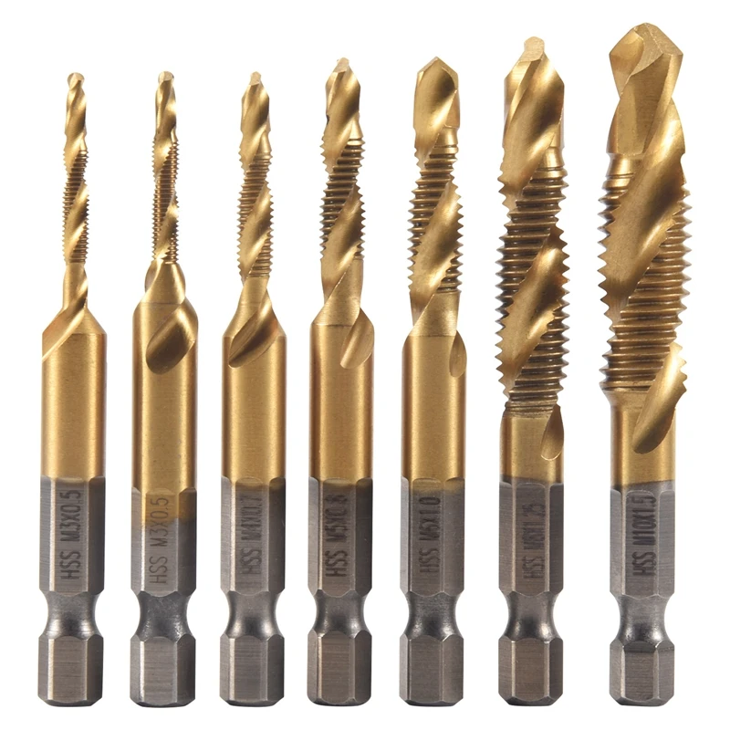 

7Pcs 1/4Inch Hex Shank Titanium Combination Drill And Tap Set Metric Thread HSS M3-M10 Screw Tapping Bit Tool