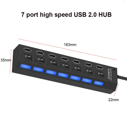 Imagen 2 del producto Hub USB 2,0 de 7 puertos Hub USB 2,0 Hub divisor multi USB utiliza adaptador de corriente 4/7 puertos expansor múltiple Hub USB 3,0 con Cable de interruptor