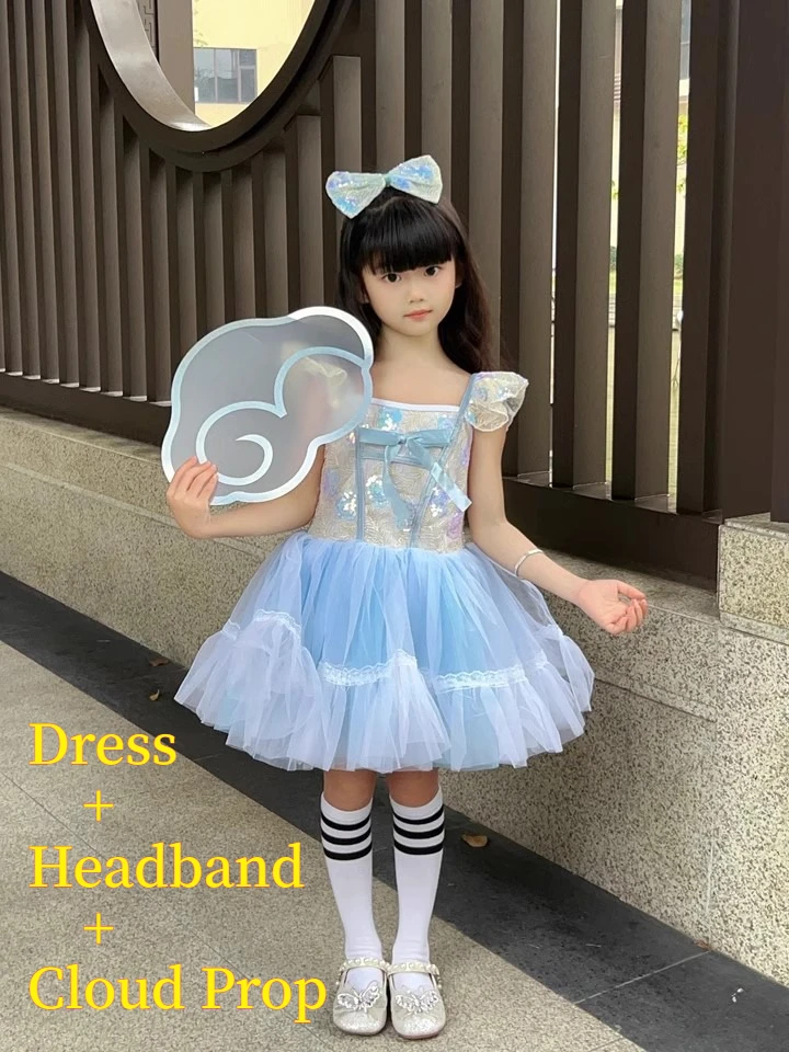 Girls Light Blue Sequin Tulle Dress With Bow Headband And Cloud Props For Kids Holiday Stage Dance Boys Girls Performance Outfit