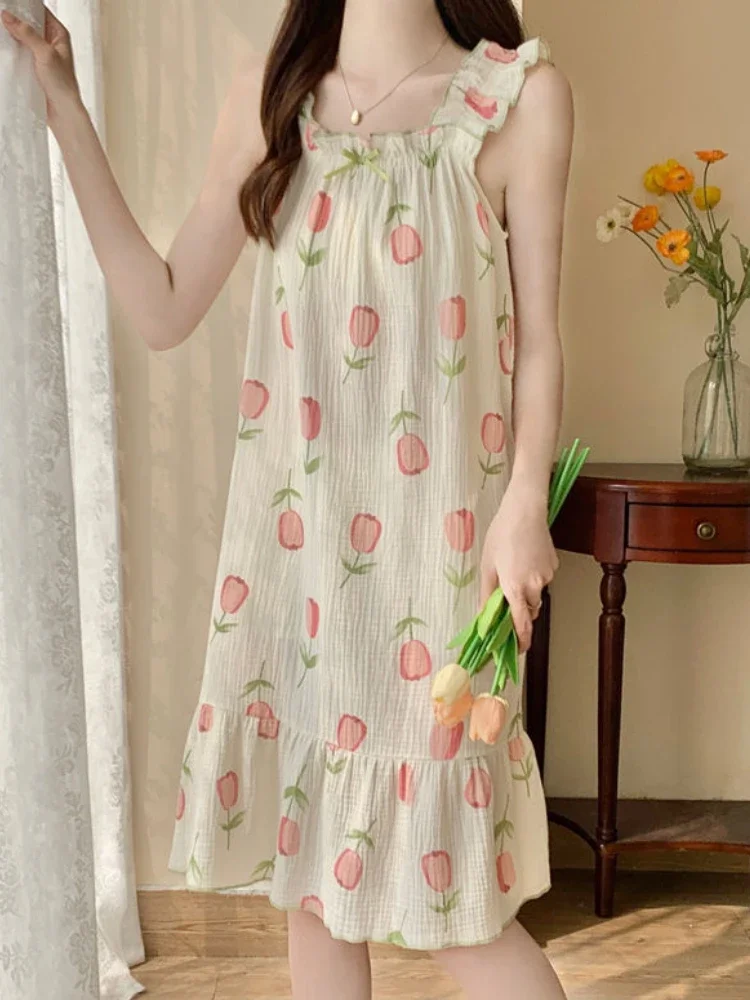 

Floral Nightgowns Women M-5XL Sleepwear Lovely Ins Sleeveless Home Knee-length Casual Summer Students All-match Tender Clothing