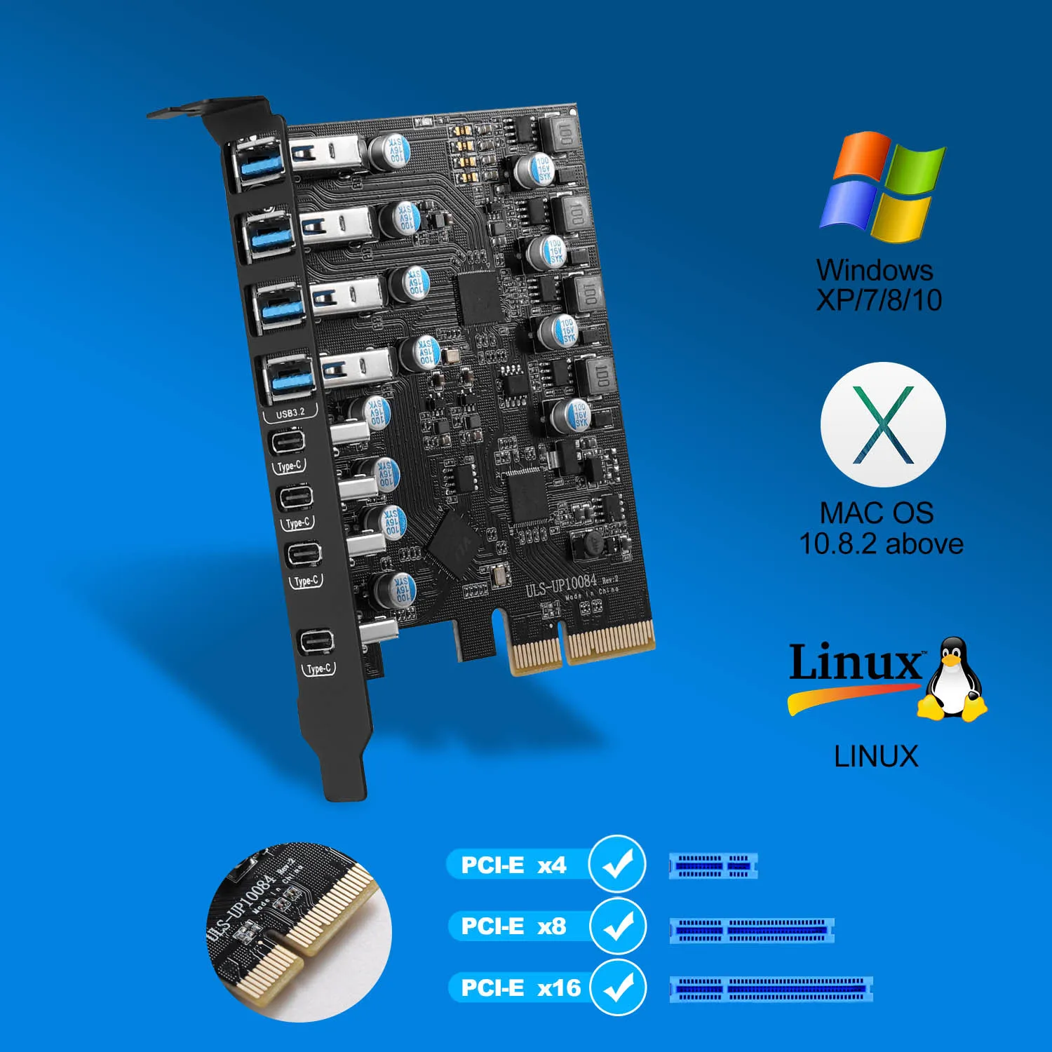 High-speed 20Gbps PCIE X4 to USB 3.2 Expansion Card for Desktop - 4 Type-A and 4 Type-C USB Ports