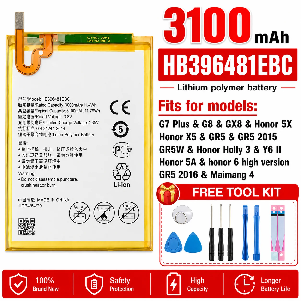 Li-ion Battery for Huawei Nova 2 Plus 2 3 4i Mate 8 9 10 20 Pro P10 Plus Honor 5X 5A Phone Replacement Repair Cell Spare Part