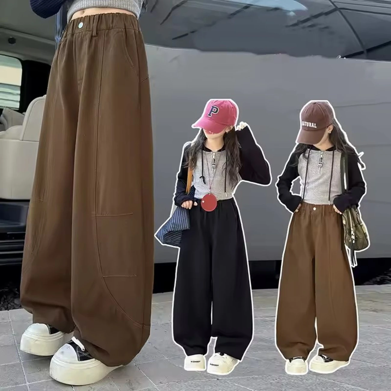 Girls' Loose Casual Curved Pants Straight Cut Sports Trousers Trendy Autumn Collection Comfortable Kids Sweatpants