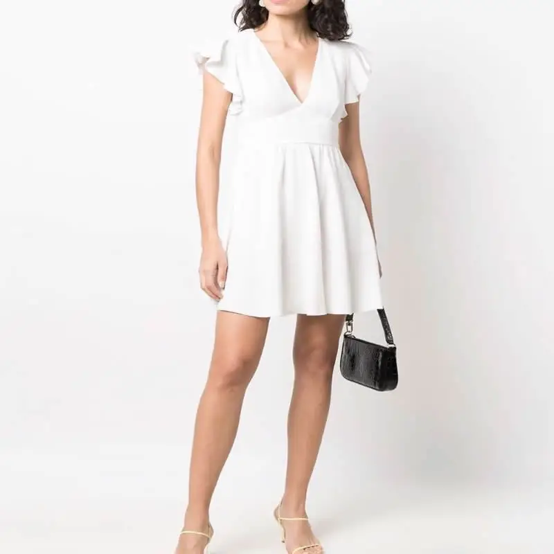 

Women's Sexy V-Neck Dress, Petal Sleeve, Mini Casual Dresses, New Fashion