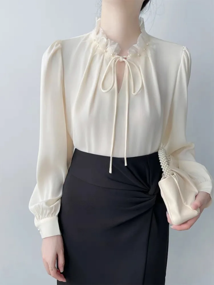 

Beautyblue Autumn Blouse Women Fashion Pearl Shirts Luxury Long Sleeves Solid Color Straps Elegant Formal Ladies Office Tops