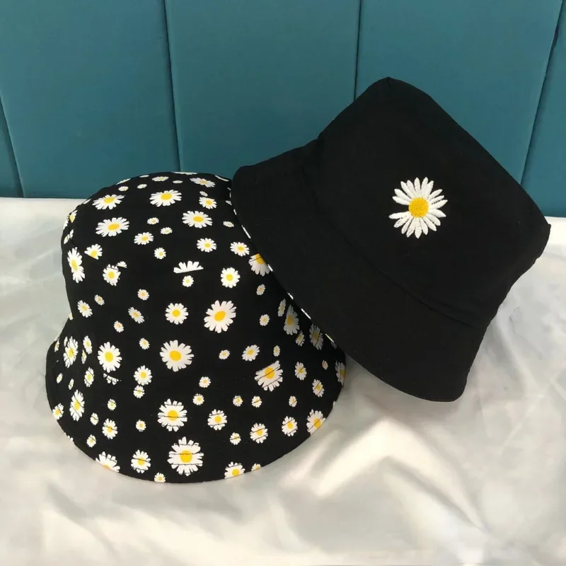 Korean Daisy Embroidery Bucket Hats Reversible Beach Panama Bob Caps Summer Double-sided Cotton Sun Fisherman Hat for Women Men