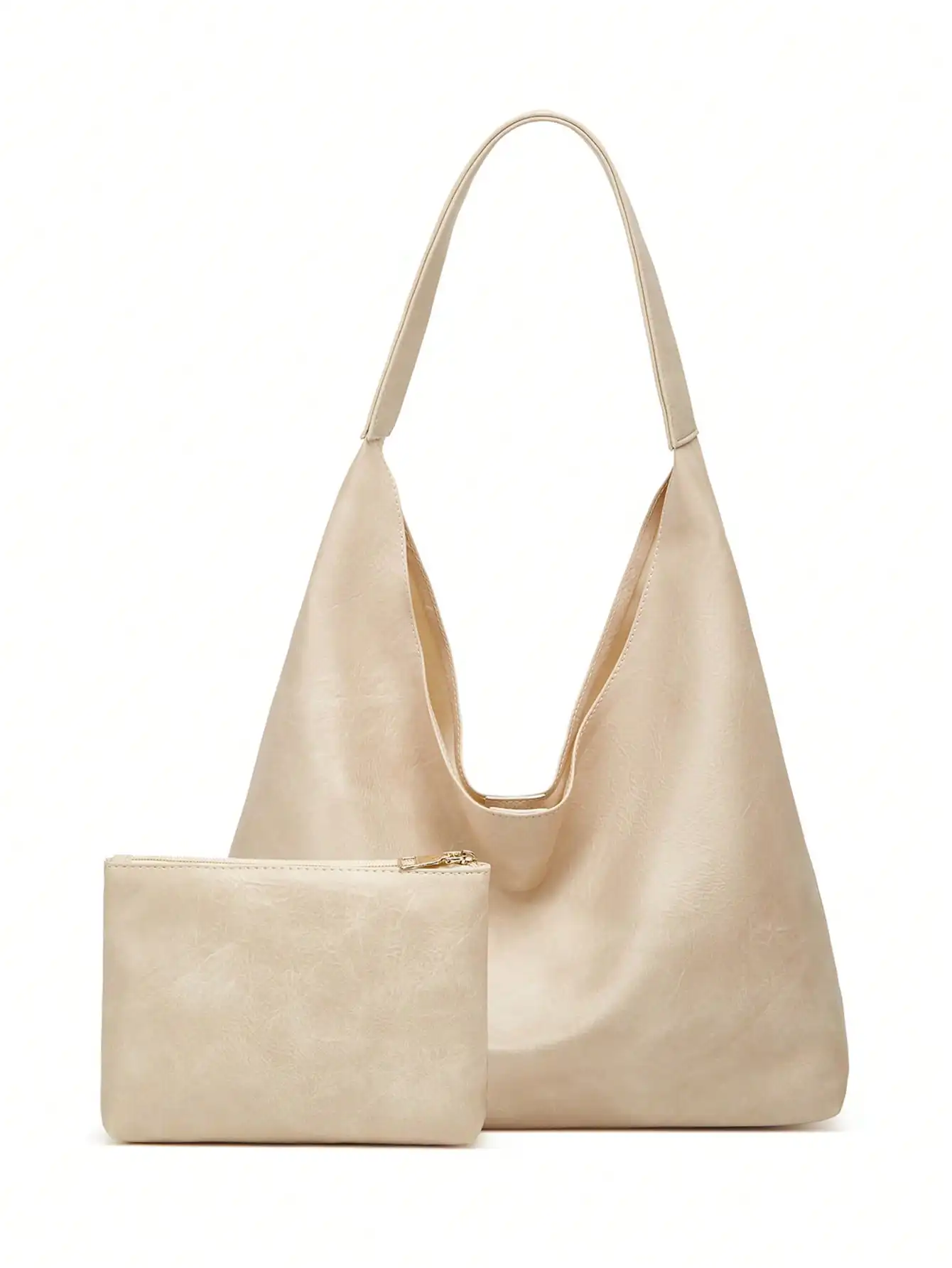 

Beige Slouchy Hobo Bag with Zipper Pouch Set for Women