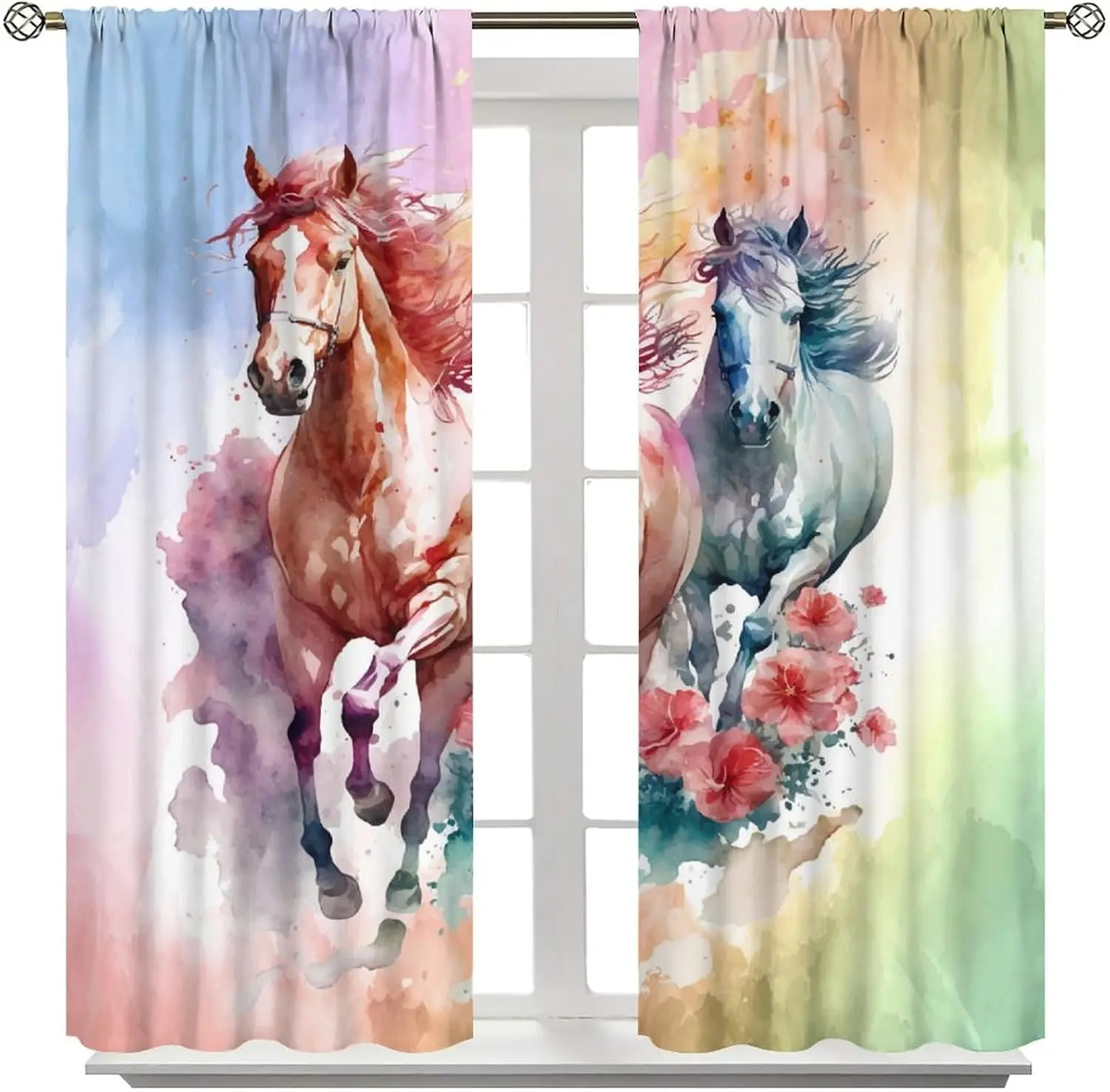 Splash Ink Floral Galloping Horse Curtain Panels, Pastel Rainbow Gradient Background Two Horses Red Hibiscus Flower Drapes
