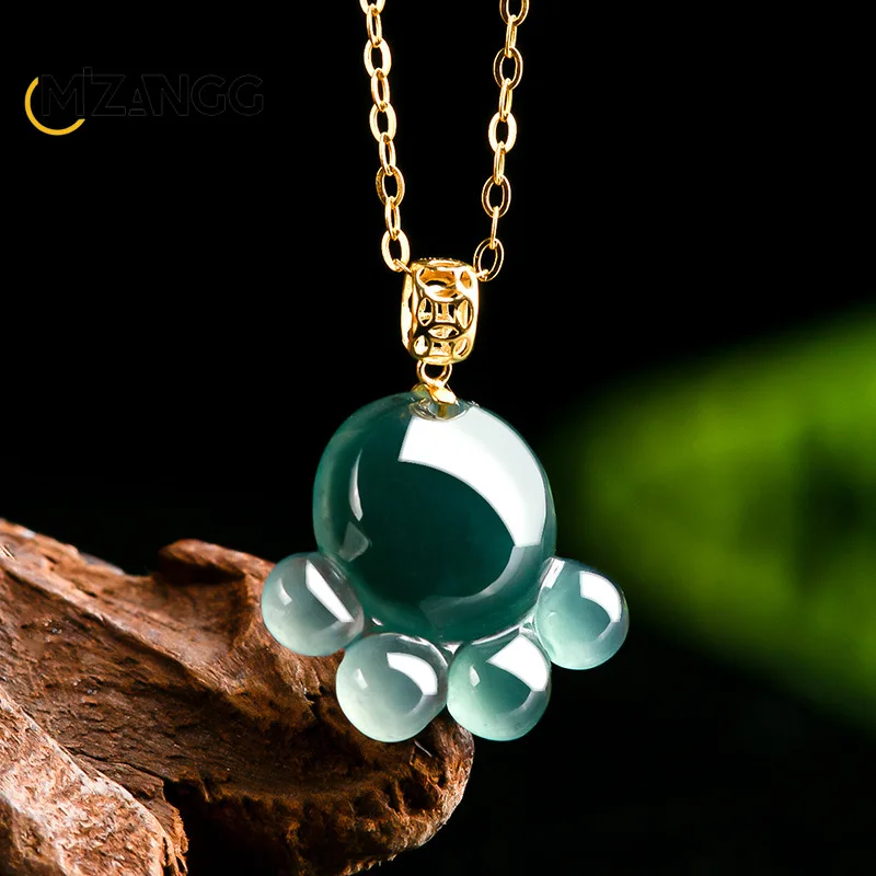 Natural Myanmar Jadeite Blue Water Cat Claw Pendant 18K Gold Inlaid with Ice Kind Lovely Fashion Women's Jade Necklace Gift