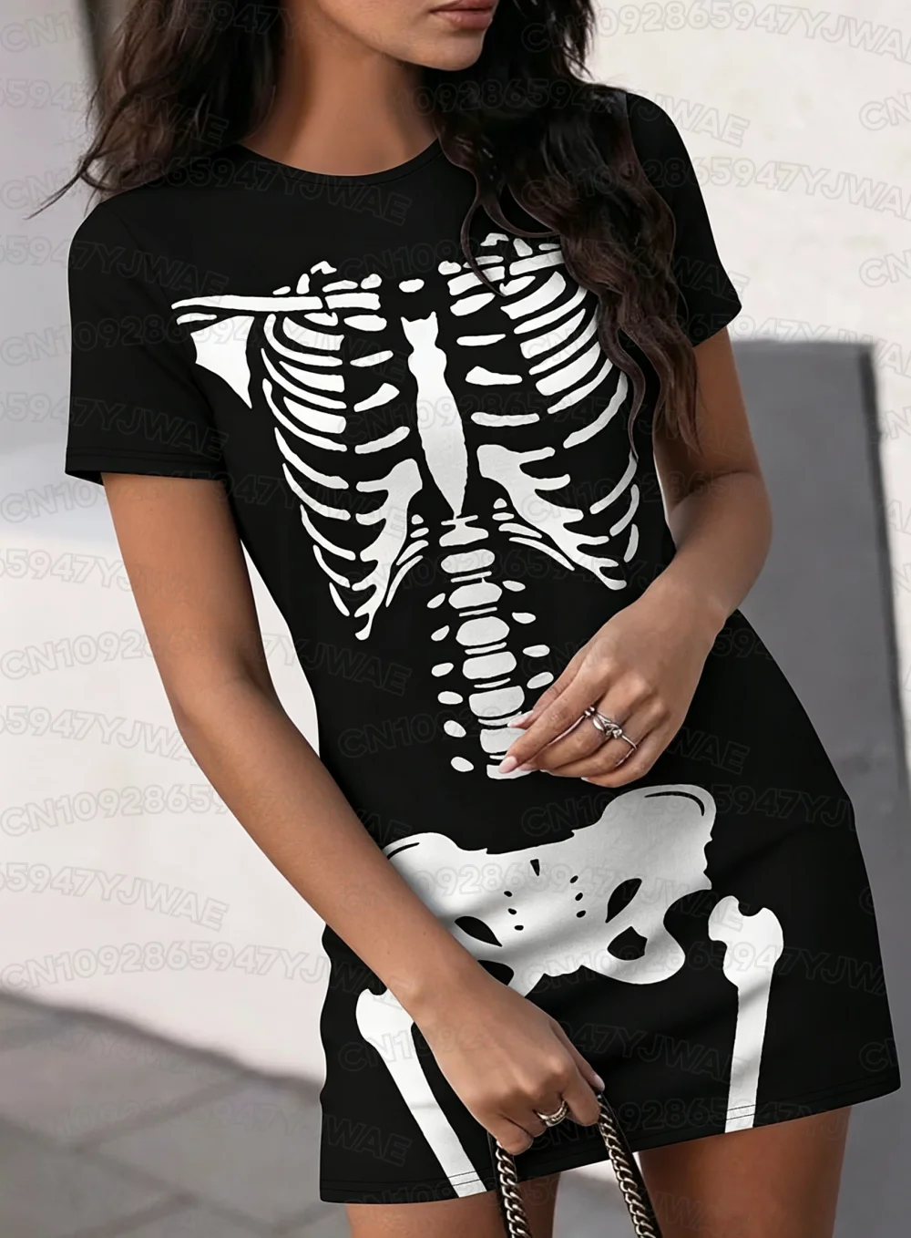 Women's Punk Gothic Dark Simple Abstract Painting Halloween Skull Portrait Skeleton Short Sleeve T-Shirt Dress Women's Clothing