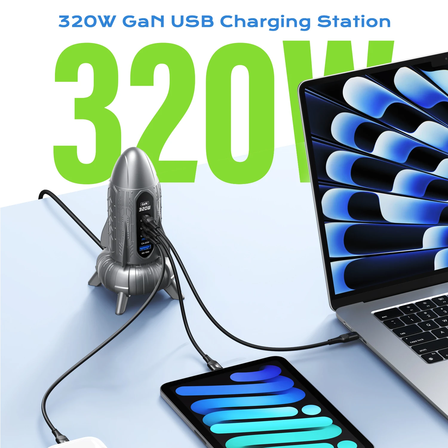 320 واط USB C GaN شاحن 100 واط PD3.0 PPS QC3.0 USB نوع C محطة شحن سطح المكتب آيفون 16 15 سامسونج ماك بوك أجهزة الكمبيوتر المحمولة اللوحية