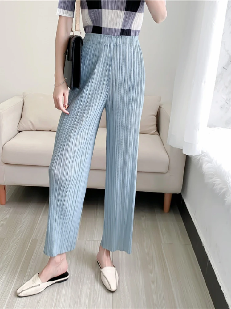 Spring/Summer 2023 New Slacks Simple Loose Comfortable Stretch Miyake Pleated Straight Cropped Pants Women's Pressed Pleats