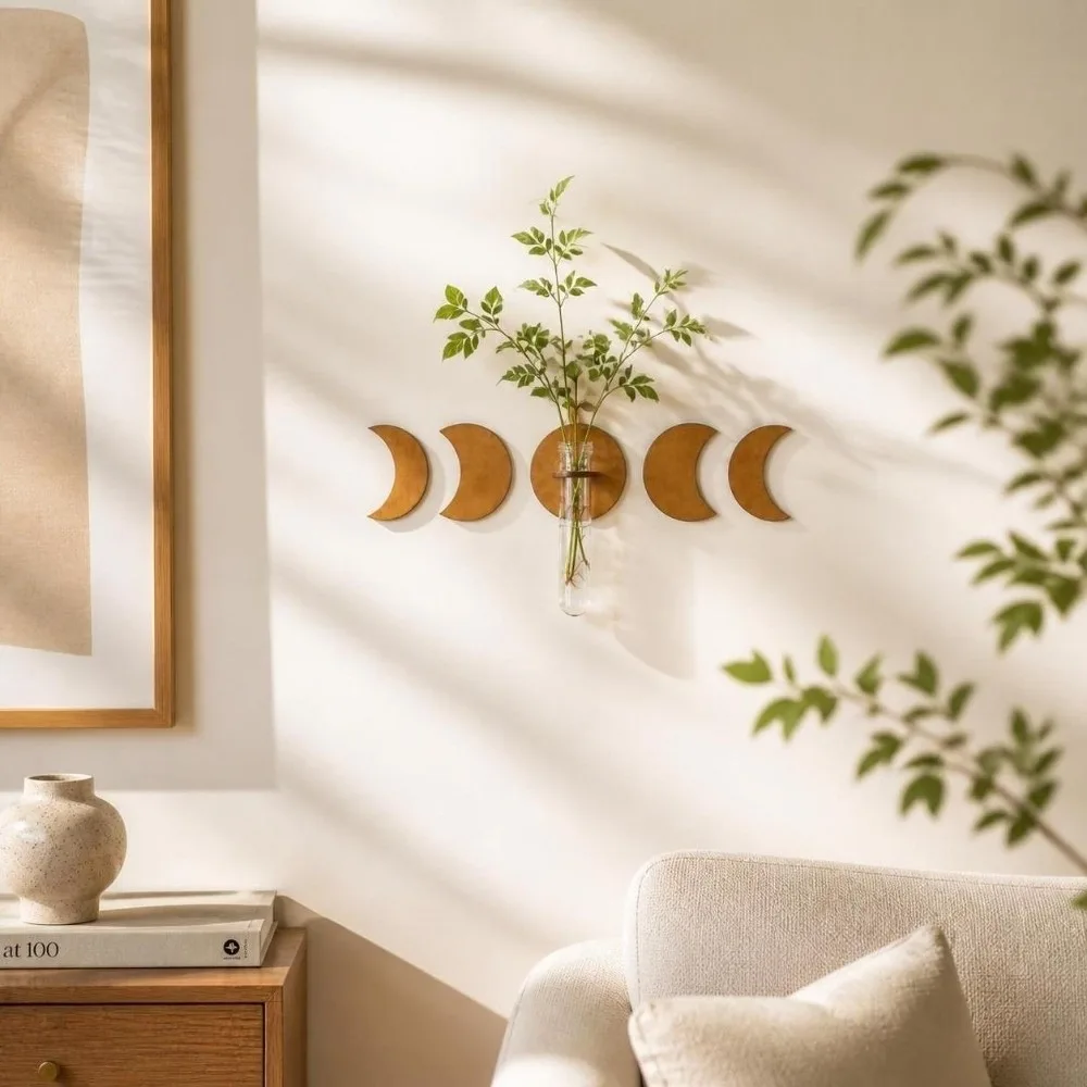 Water Plant Tube Stand Wooden Wall Mounted Planter Vase Moon Shape Wall Decoration Home Ornaments