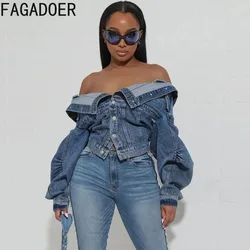 FAGADOER Blue Vintage Fashion Y2K Denim Coats Women Turndown Collar Long Sleeve Slim Crop Top Autumn Lady Cowboy Matching Jacket