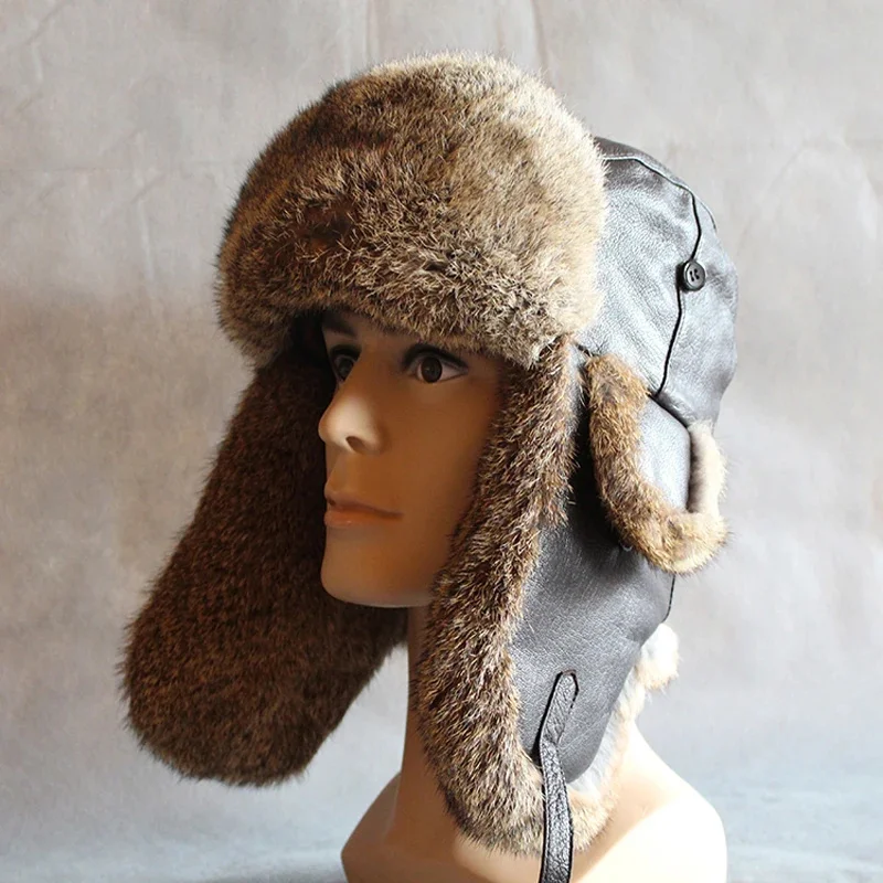 Winter Fur Bomber Men Women Leather Russian Hat Snow Trapper Cap Warflap Ushanka