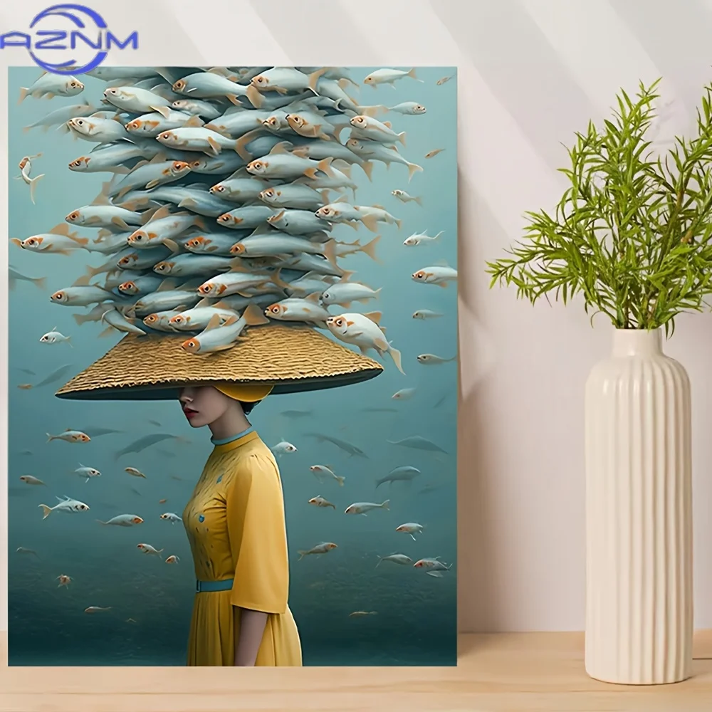 Woman Wear Straw Hat in Water with Fish on Head Poster Print Abstract Canvas Painting Wall Art Picture for LivingRoom Home Decor