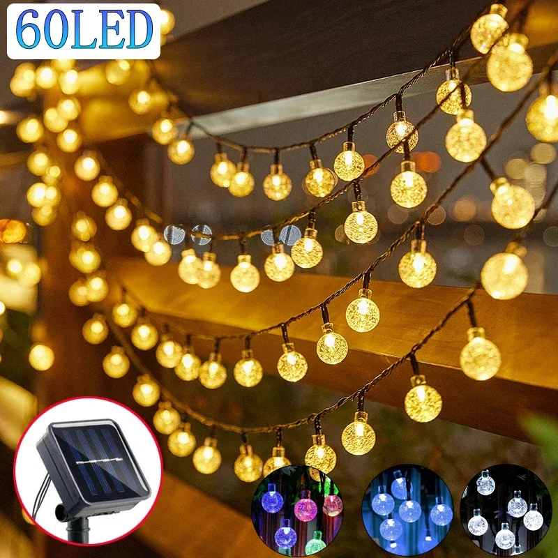 Solar Crystal Globe LED String Lights 60 LED, 8 modos de iluminação IP65 Fairy Light Guirlanda de Natal para jardim Decoração de festa