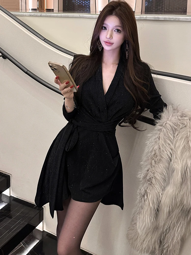 가을 겨울 블랙 브라이트 실크 브이넥 미니 드레스 여성 긴 소매 밴디지 바디콘 드레스 2025 한국 빈티지 헤프번 프로무 드레스