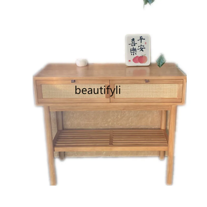 

Nordic Solid Wood Console Tables Storage Console Wall Side Table Rattan Drawer Table Modern Minimalist Strips Desk