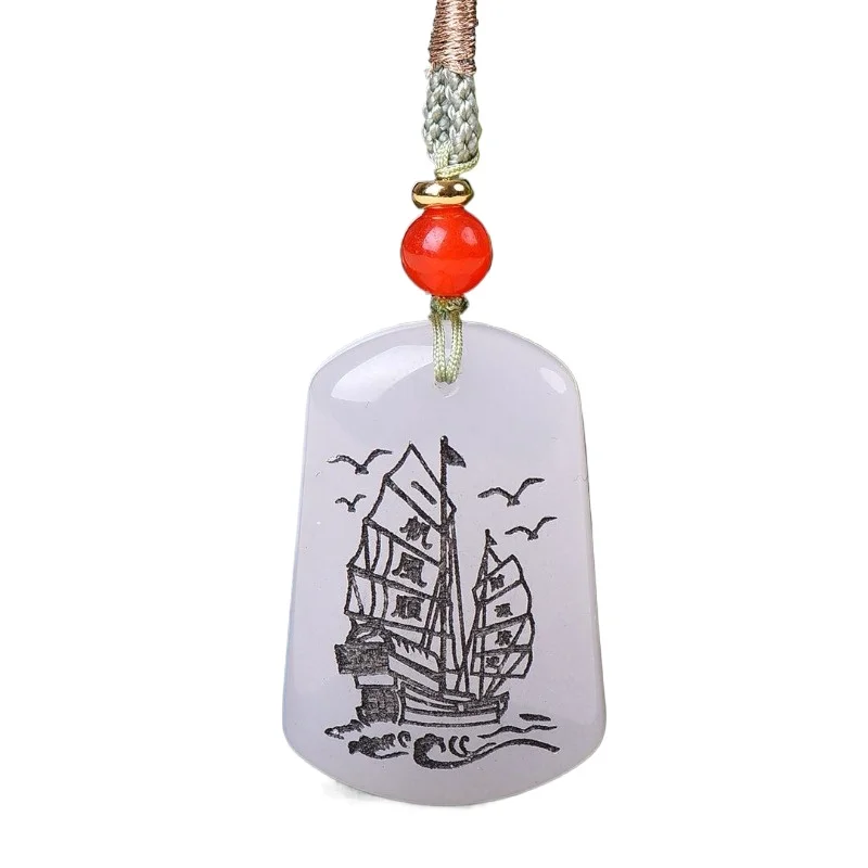 Golden Silk Jade Smooth Sail Hanging Pendant with Safety Sign