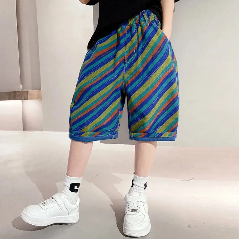 

Boys Summer 2024 New Patchwork Elasticized High-waisted Pocket Print Plaid Fashion Minimalist Casual Versatile Denim Shorts