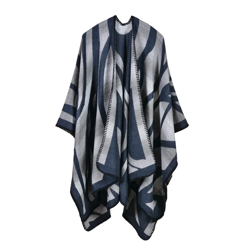 

Autumn Winter Women's Camouflage Gradient Imitation Cashmere Split Fork Lengthened Thickened Shawl Ponchos Capes Navy