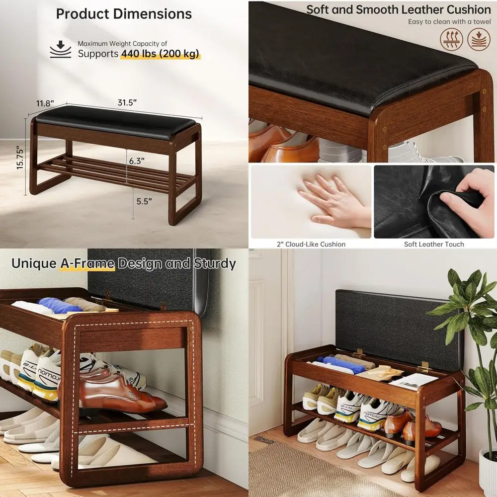 

Двухуровневая полка для обуви из каучукового дерева с подушкой и откидным ящиком для хранения вещей для прихожей, брызговиков и фойе