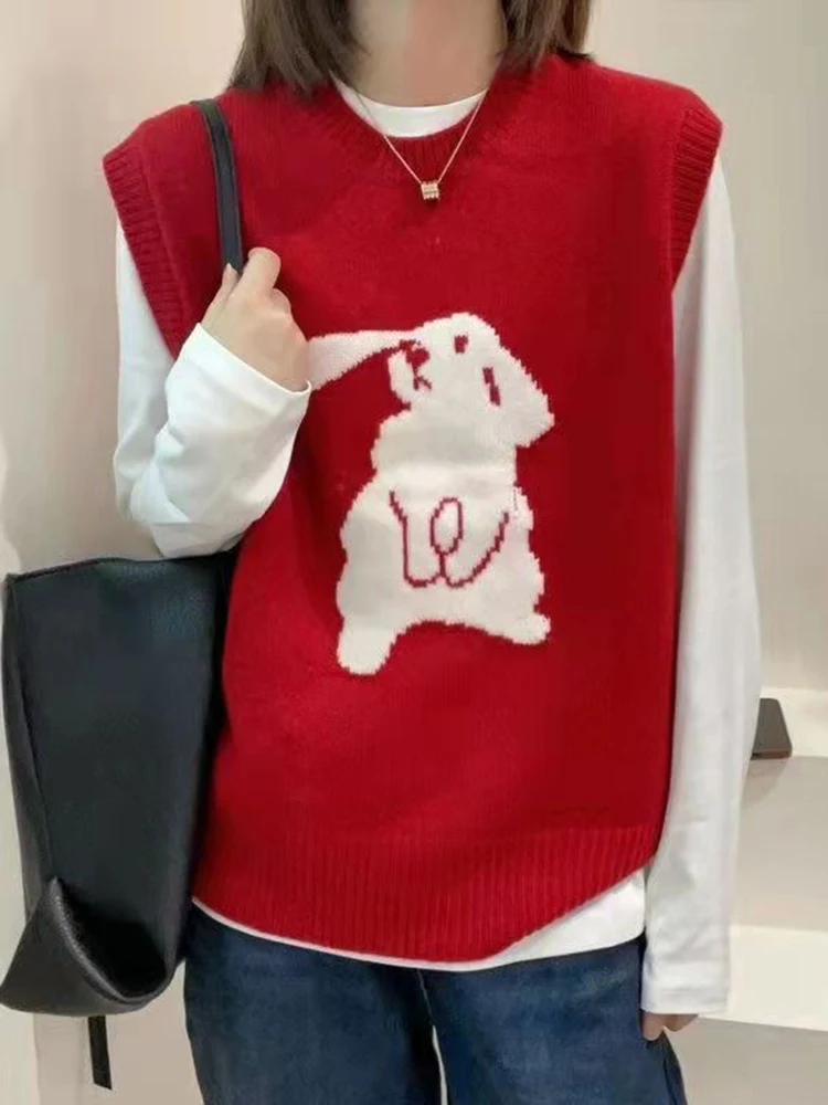 New Year Cartoon Rabbit Sleeveless Knitted Vest Women's Winter Style Pullover Sleeveless Sweater  Tank Top  knit vest