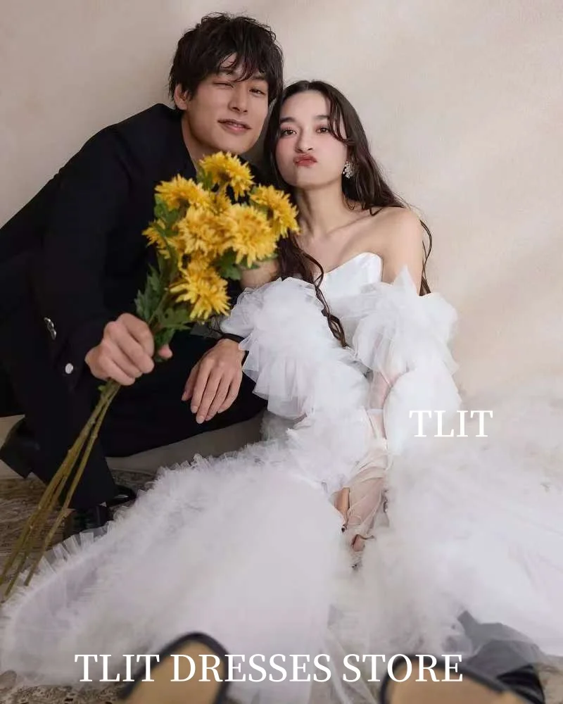 TLIT Elegant White A-Line Wedding Dresses Strapless Bridal Gowns Robe De Mariée customized Corset Back Black Sashes Prom Gowns