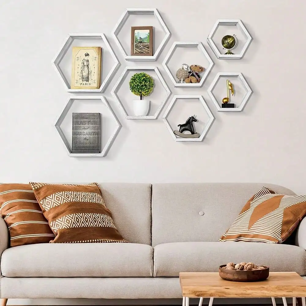 Set of 8 Wood Floating Shelves Hexagon Wall Rack Gray Bookcase for Bedroom Decor