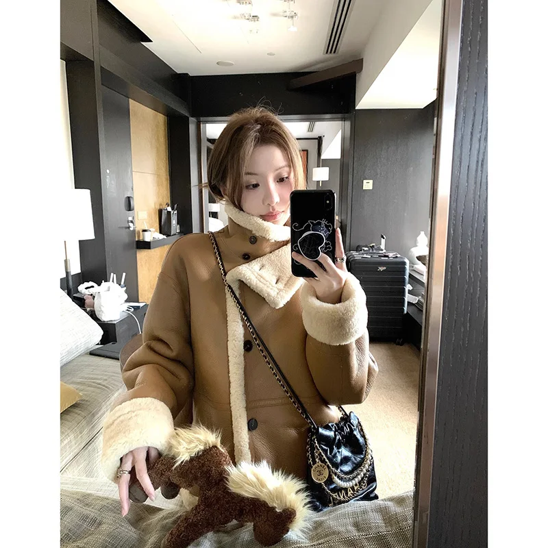 Women Winter 2023 New Loose Plush Thick Warm Long Sleeve Overcoat Suede Jacket Tide Fashion Wool Coats