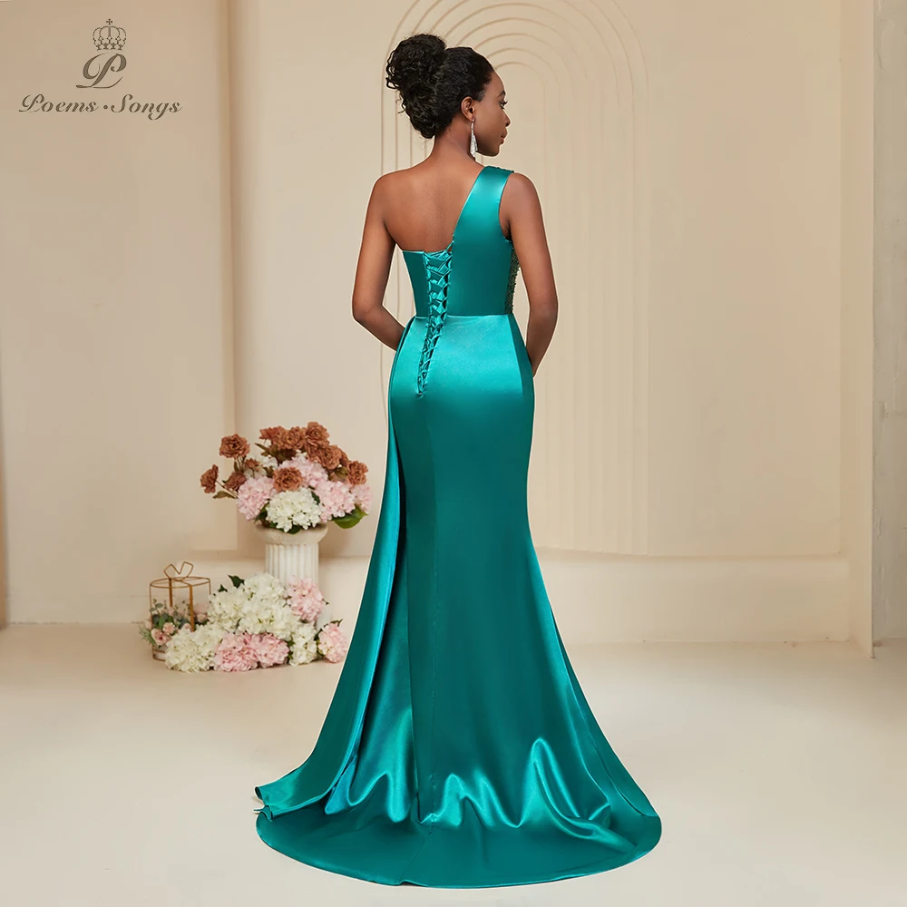 PoemsSongs One-Shoulder Satin Evening Dress with Shiny Sequin Waistband Elegant Long Gown vestido de festa bridesmaid dresses