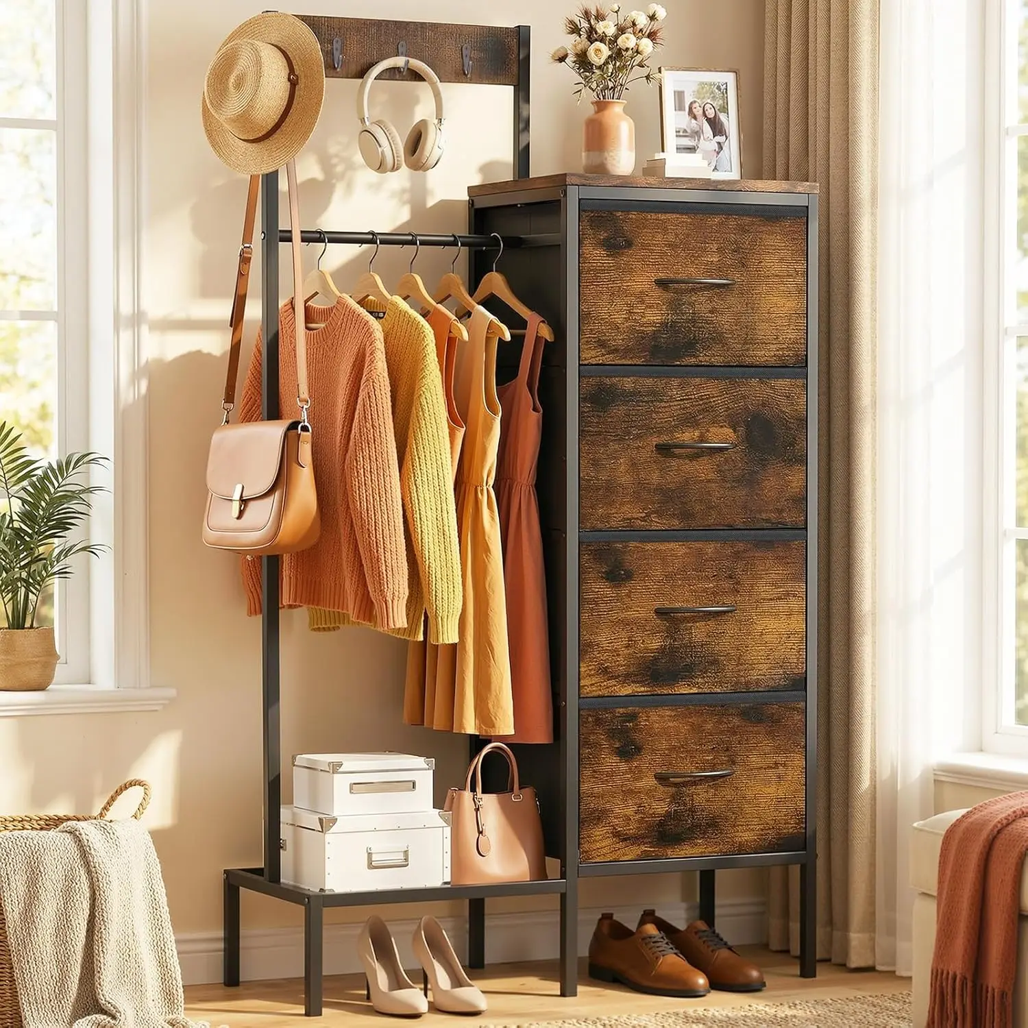 

Rustic Wood Entryway Organizer with Hanging Rack, 4 Drawers for Clothes, Bags, Shoes and Accessories in Brown Finish