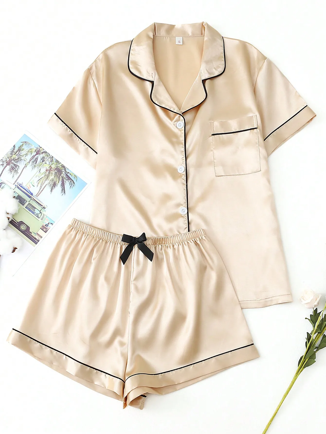 

2pcs Satin Pajama Set With Short Sleeve Lapel Shirt And Bowknot Shorts, Women Sleepwear Home Clothes,Two Pieces Set