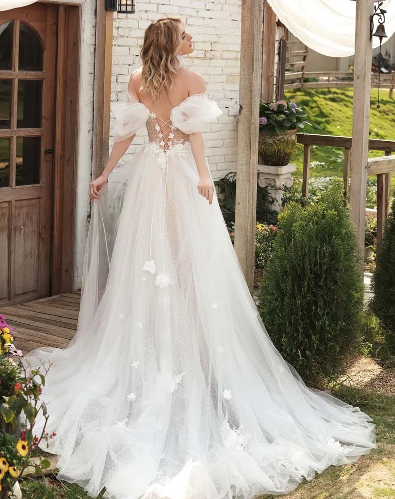 Gelinlik – robe de mariée romantique avec Appliques de fleurs, col plongeant, fente latérale, manches bouffantes détachables, dos en Tulle, robe de princesse