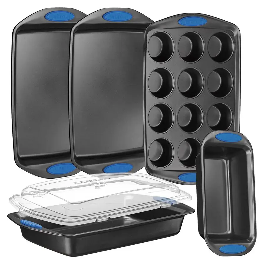 

6Piece Baking Pan Set Carbon Steel Stackable Bakeware with Blue Silicone Handles amp Nonstick Coating, Includes Cookie Sheets, R