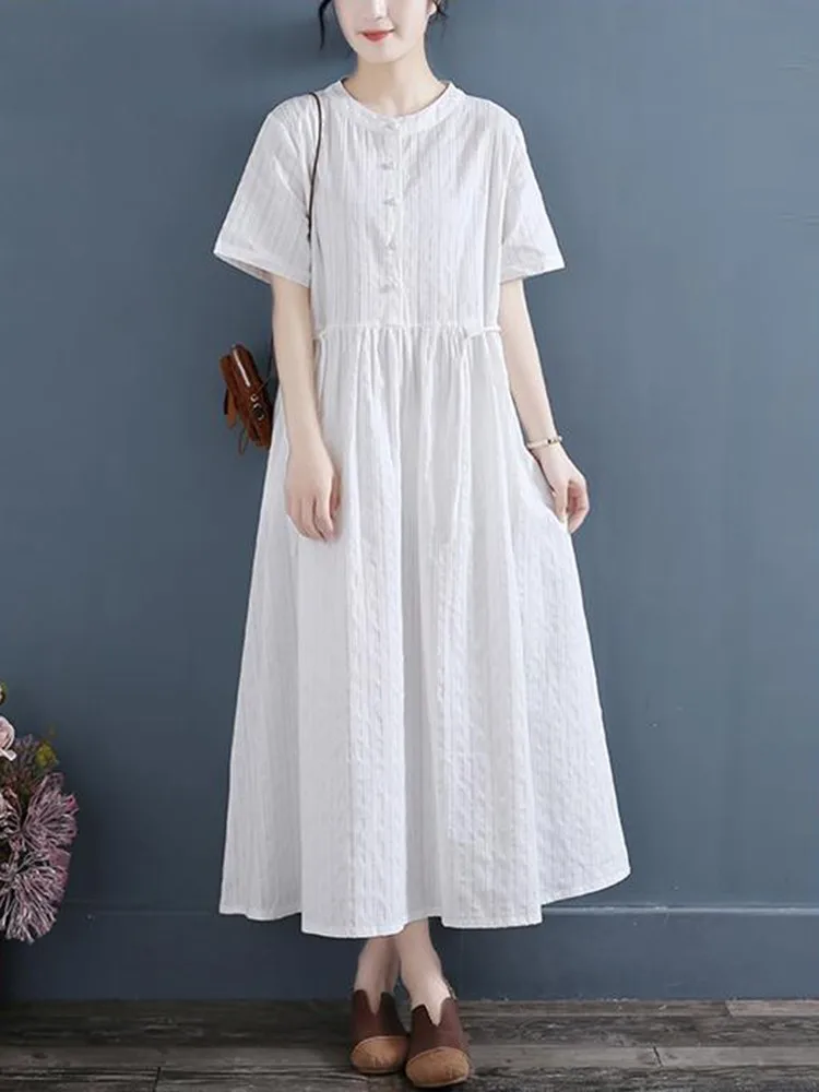 High Quality Women Casual Dresses New Arrival 2023 Summer Vintage Style Solid Color Loose Female Cotton Long Dress D524