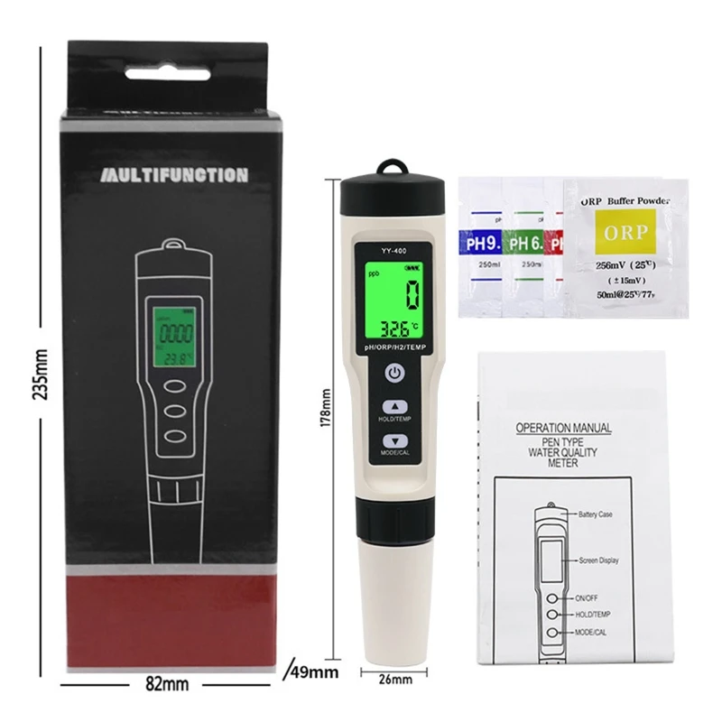 4-in-1 Digital pH Meter pH/ORP/H2/TEMP Meter with/non Backlight 0-14 pH Measurement  for Household Drinking Water Dropship